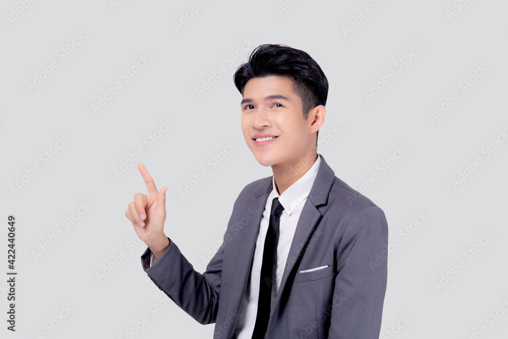 Portrait young asian business man pointing and presenting isolated on white background, advertising and marketing, executive and manager, male confident showing success, expression and emotion. Portrait young asian business man pointing and presenting isolated on white background, advertising and marketing, executive and manager, male confident showing success, expression and emotion.