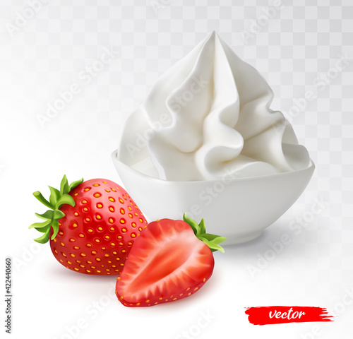 White bowl of whipped cream with whole strawberry and half strawberry. 3d realistic vector illustration of whipped cream with strawberries.