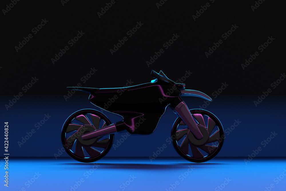 3d illustration of a black motorcycle in a glowing neon room . 3D Rendering. Futuristic high-tech motorcycle 3d illustration of a black motorcycle in a glowing neon room . 3D Rendering. Futuristic high-tech motorcycle