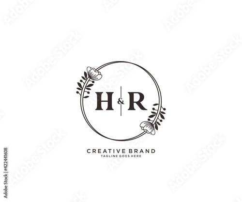 initial HR letters hand drawn feminine and floral botanical logo suitable for spa salon skin hair beauty boutique and cosmetic company.