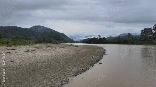 Aerial tour of the Zamora River on a cloudy day, located in the south of the Ecuadorian Amazon