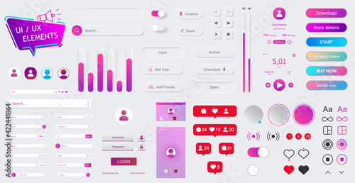 White UI, UX, Kit and Web elements for design App, dashboard and programs. Universal user interface elements, detailed and with shadows - buttons, bars, switches, search and other. Vector UI UX set