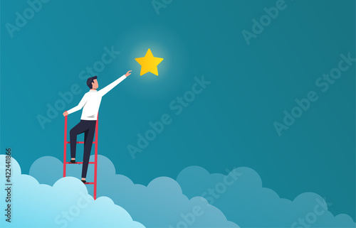 Successful businessman on ladder to reach star vector illustration. Success in Business and career symbol.