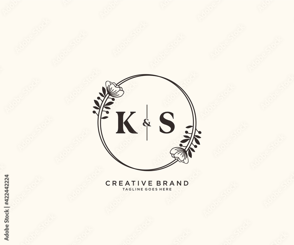initial KS letters hand drawn feminine and floral botanical logo ...