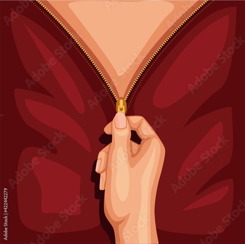 Hand pull zipper red clothing concept in cartoon illustration vector