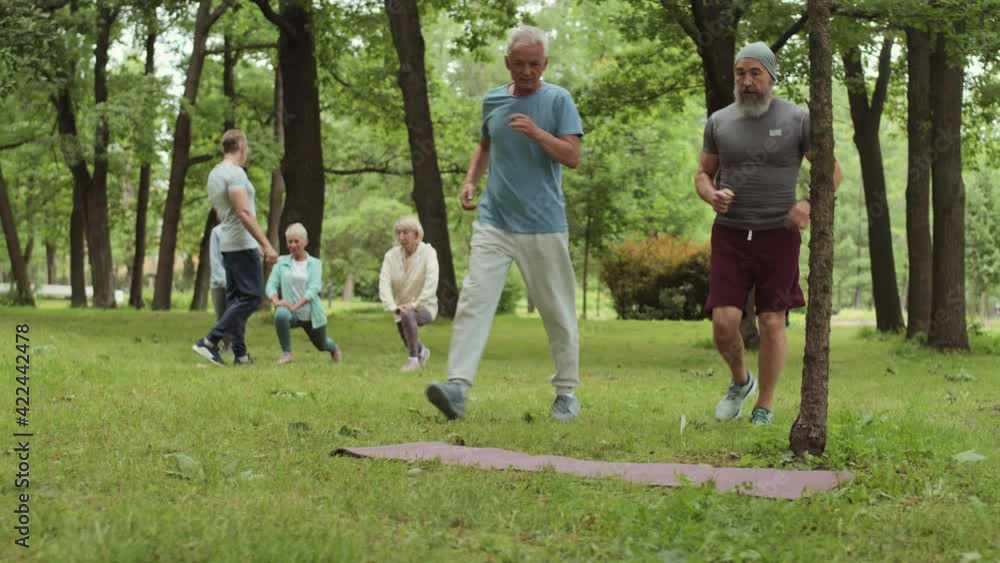 Wide shot of two senior sporty men running on grass in park towards rubber mat, sitting down and starting talk while people having workout on background Wide shot of two senior sporty men running on grass in park towards rubber mat, sitting down and starting talk while people having workout on background