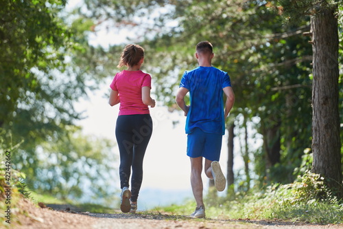 Fototapeta Naklejka Na Ścianę i Meble -  couple enjoying in a healthy lifestyle while jogging on a country road