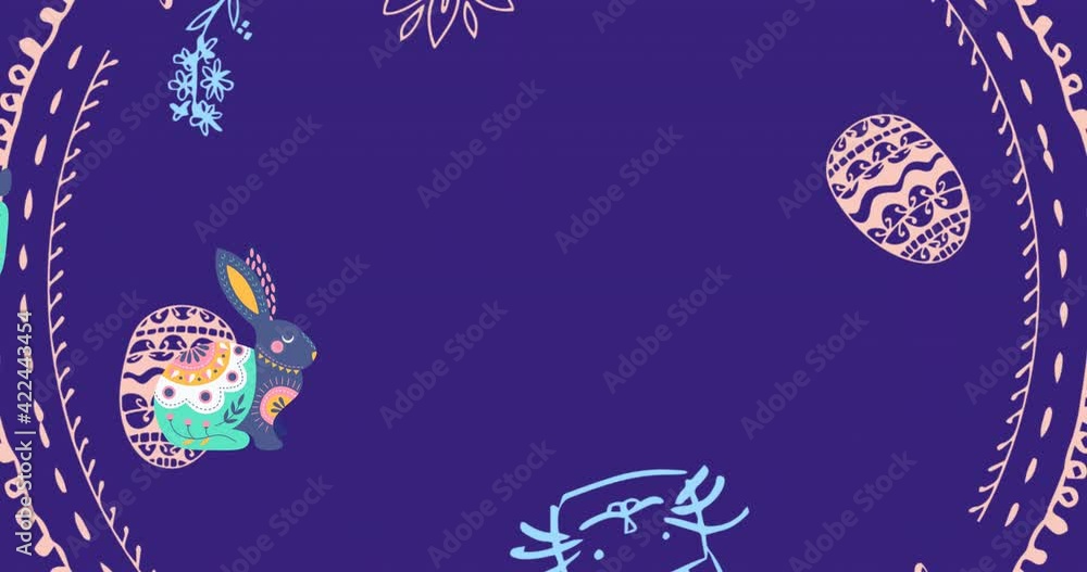 Animation of easter bunnies and easter decorated spinning circle on purple background Animation of easter bunnies and easter decorated spinning circle on purple background