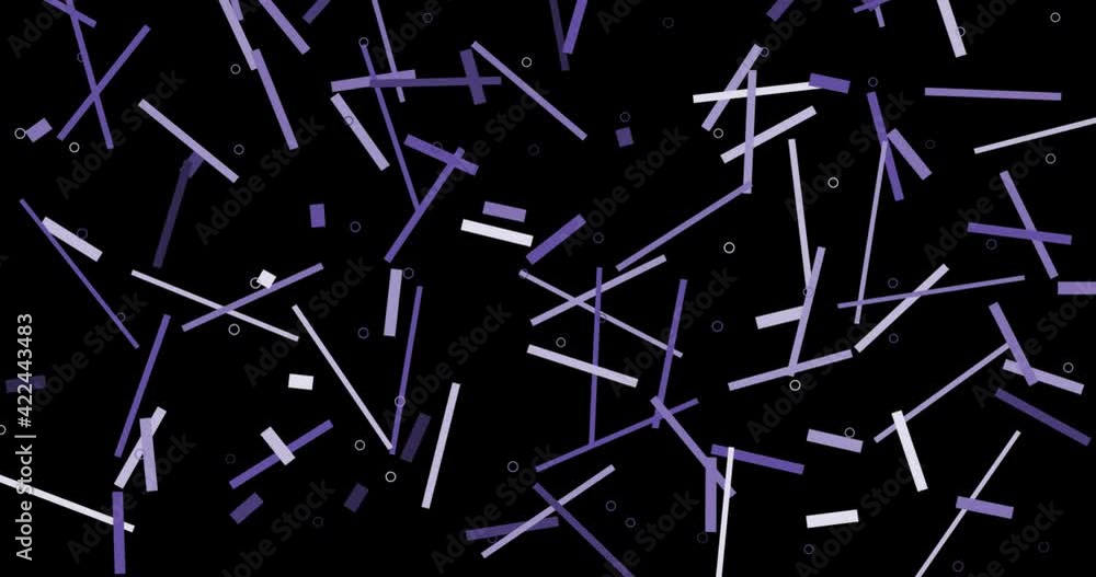 Animation of purple and white lines and circles flying on black background Animation of purple and white lines and circles flying on black background