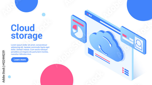 Cloud storage concept. Landing page or web banner template. 3d illustration of web page with cloud, personal data, statistics. Modern isometric style. Isolated on white background.