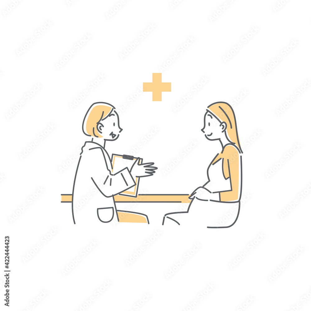 産婦人科でベテラン医師の診察を受ける若い女性のシンプルでおしゃれな線画イラスト