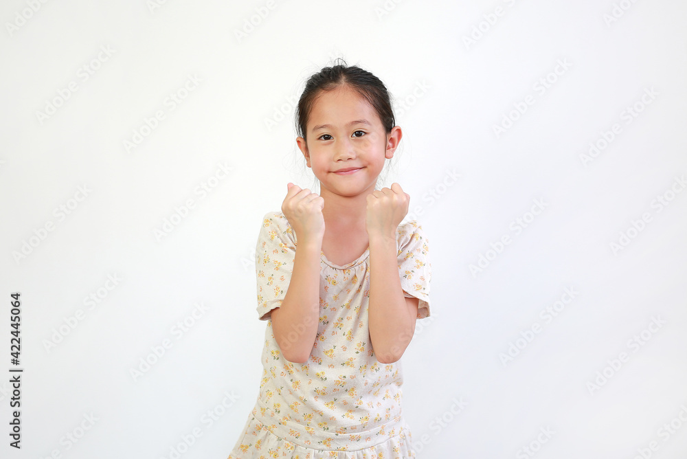 Portrait of beautiful little Asian child girl with fight stance over white background. Portrait half-length of kid girl. Confident concept Portrait of beautiful little Asian child girl with fight stance over white background. Portrait half-length of kid girl. Confident concept