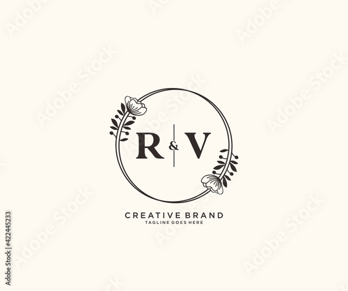 initial RV letters hand drawn feminine and floral botanical logo suitable for spa salon skin hair beauty boutique and cosmetic company.