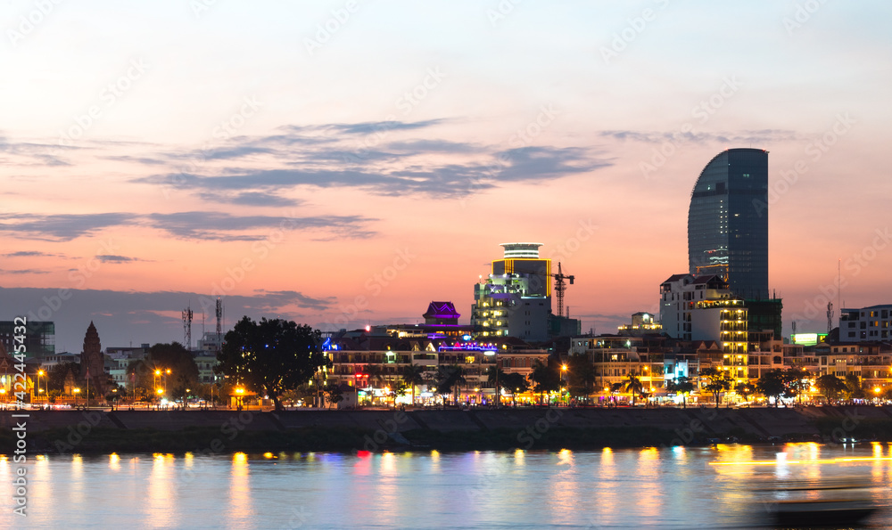 Naklejka premium Phnom Penh, Cambodia: Business and Royal Palace Administrative center in Cambodia capital town. Picture taken on Sep 01, 2015 