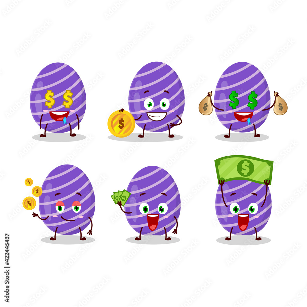 Purple easter egg cartoon character with cute emoticon bring money Purple easter egg cartoon character with cute emoticon bring money