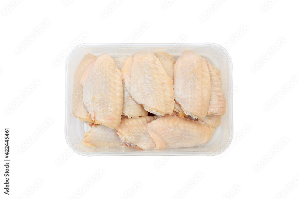 Raw chicken wings in plastic tray packaging isolated on white background Raw chicken wings in plastic tray packaging isolated on white background