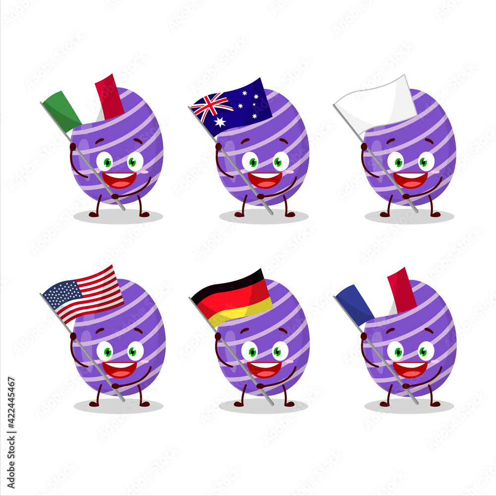 Purple easter egg cartoon character bring the flags of various countries