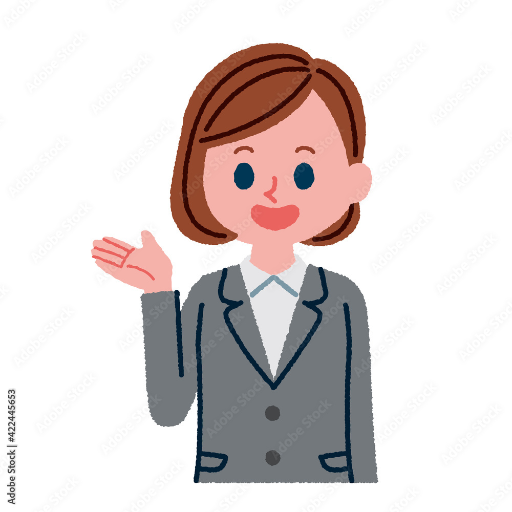 案内をしているスーツを着た女性のイラスト 案内をしているスーツを着た女性のイラスト