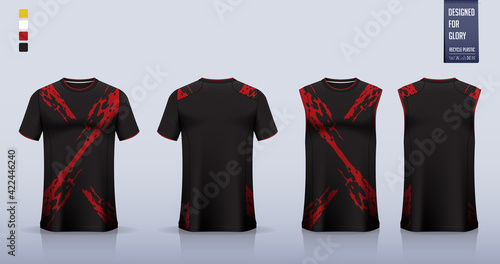 Black T-shirt sport, Soccer jersey, football kit, basketball uniform, tank top, and running singlet mockup. Fabric pattern design. Vector.