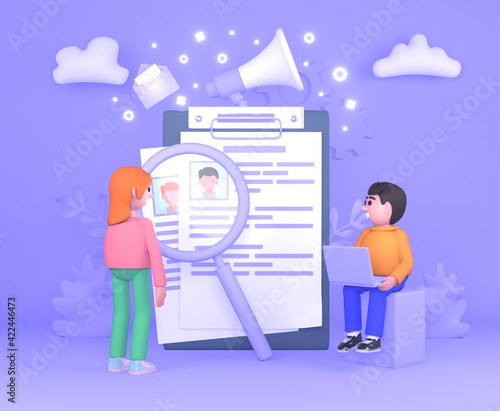 Vacancy, search for new employee or hire. Group of people stand near big clipboard with employee resume. Modern 3d illustration