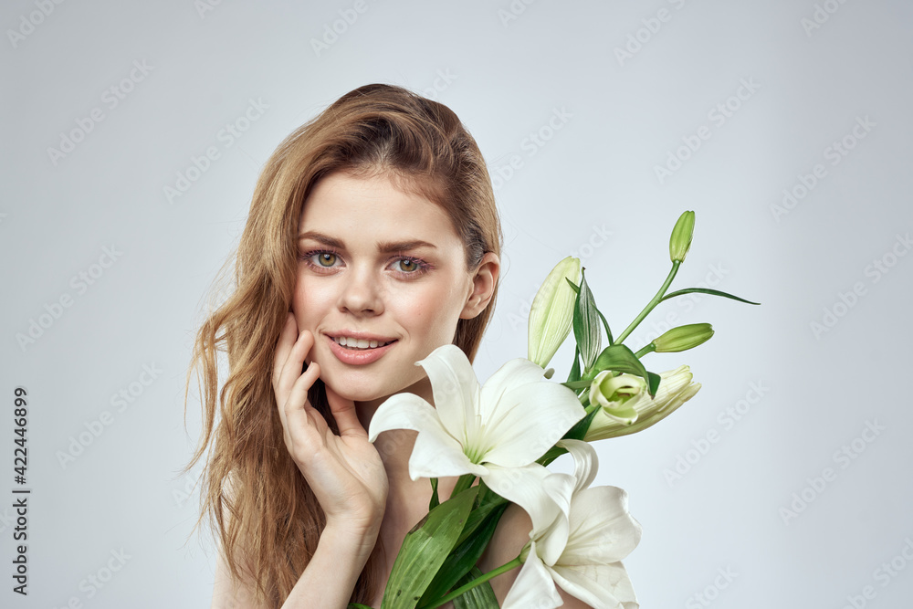 girl with flowers cropped view portrait close-up spring bare shoulders clear skin Make Up girl with flowers cropped view portrait close-up spring bare shoulders clear skin Make Up