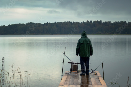 Alone fisherman on a rainy day catches a fish on a fishing rod while standing on a wooden bridge