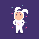 illustration of the expression of a happy child, dancing and wearing a rabbit costume. celebrating an easter day party or event. illustration of cute and adorable people. flat style. vector design