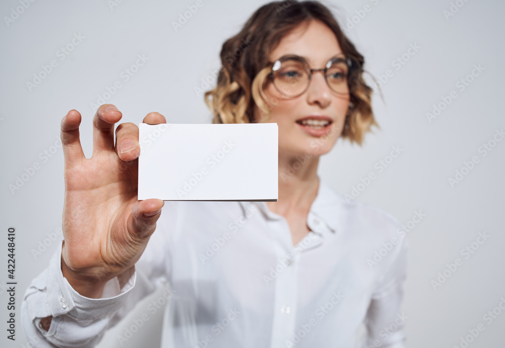 Business woman in shirt with business card in hand mockup Business woman in shirt with business card in hand mockup
