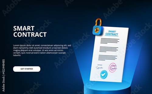 Digital smart contract for electronic sign document agreement security, finance, legal corporate. paper certificate with padlock cylinder podium stage