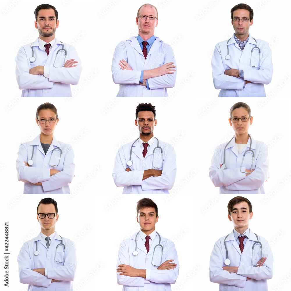 Portraits of doctors and healthcare workers looking at camera shot in studio Portraits of doctors and healthcare workers looking at camera shot in studio