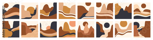 Abstract Landscape icons. Mountains, river, sea view. Hills, sun, moon. For social media and stories. Flat design. Big Set of hand drawn trendy Vector illustrations. Wallpaper templates.
