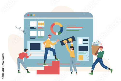 Office workers are studying the infographic analysis of the evolutionary scale