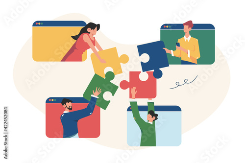 Online teamwork people connecting puzzle elements