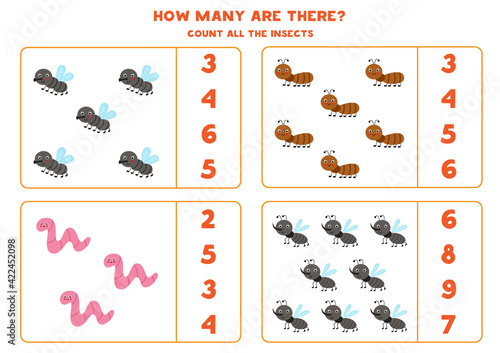 Counting game with cute insects. Math worksheet.