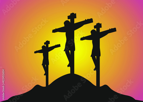 Jesus on the cross on the mountain with two thieves