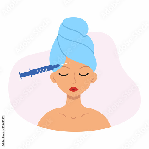 The girl gets an anti-wrinkle injection from a cosmetologist. A woman in a towel on her head takes care of the beauty of her face.