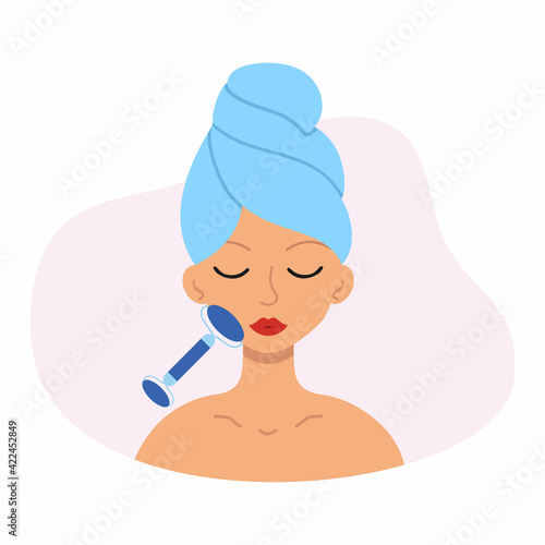 The girl does a facial massage with a roller massager. Vector character in a flat style. A woman with a towel on her head at a cosmetologist's appointment.