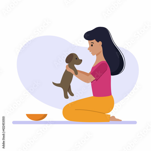 A girl plays with a cute puppy. A woman and a pet. Vector character in a flat style.