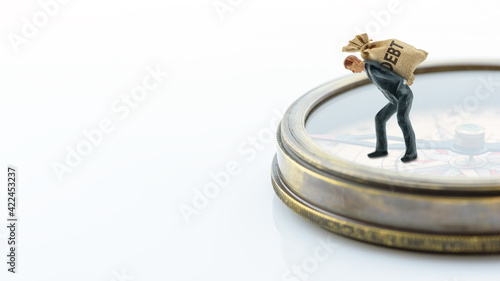 Crisis of high burden of consumer debt, financial concept : Client bears a bag of debt and find the way to escape. Debtor has difficult problem of bad debt and plan to pay back to lender or creditor.