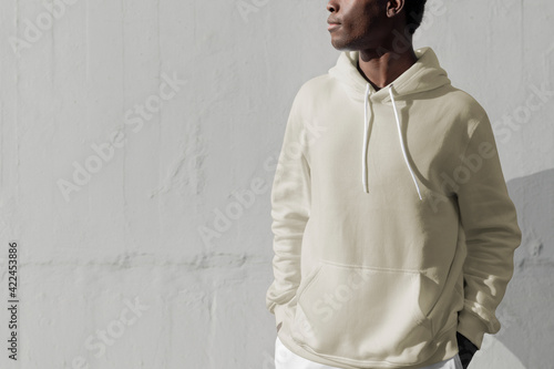 Man in white hoodie streetwear men’s apparel fashion photo