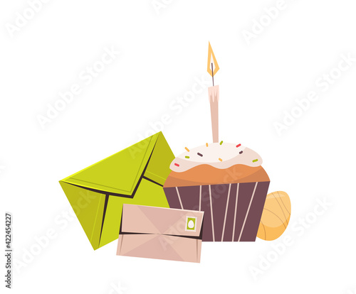 easter cake decorated egg and envelopes happy spring holiday celebration greeting card poster