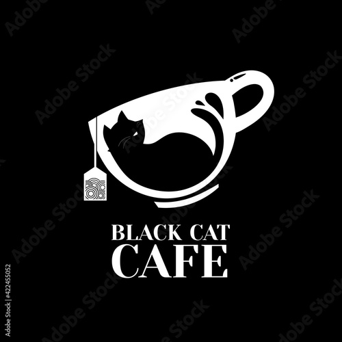 Black Cat Tea Drink Mug Cafe Logo Design vector illustration