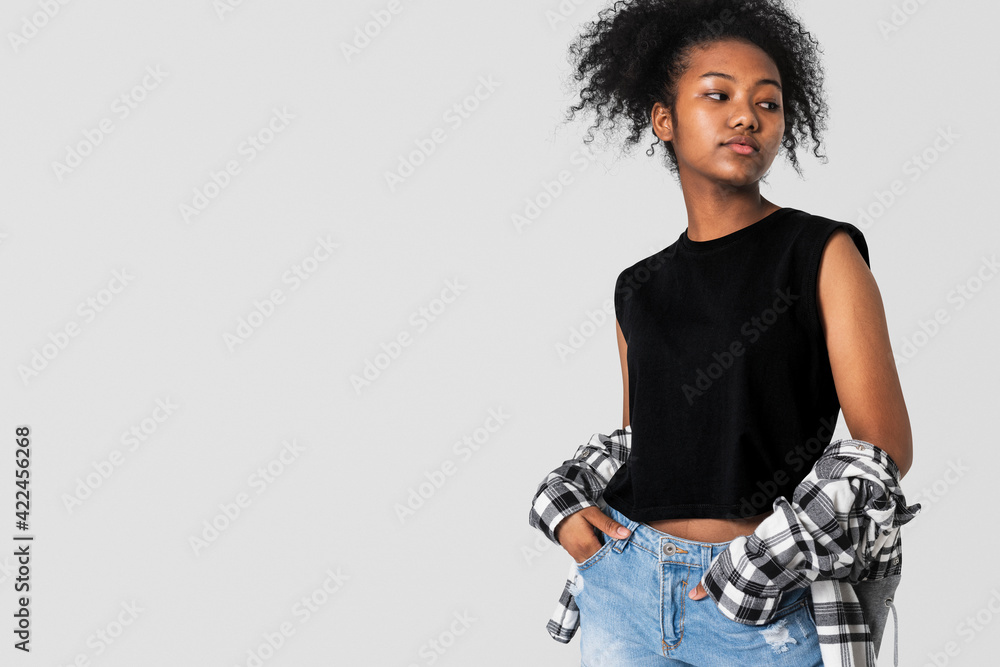 Teenage girl in black top and flannel shirt for youth apparel grunge fashion shoot - obrazy, fototapety, plakaty 