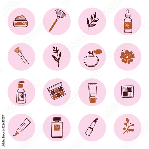 Hand drawn set of beauty makeup insta story highlight elements, mascara, cream bottle, nail product, brush. Doodle sketch style. Illustration for cosmetic icon, makeup highlights design.