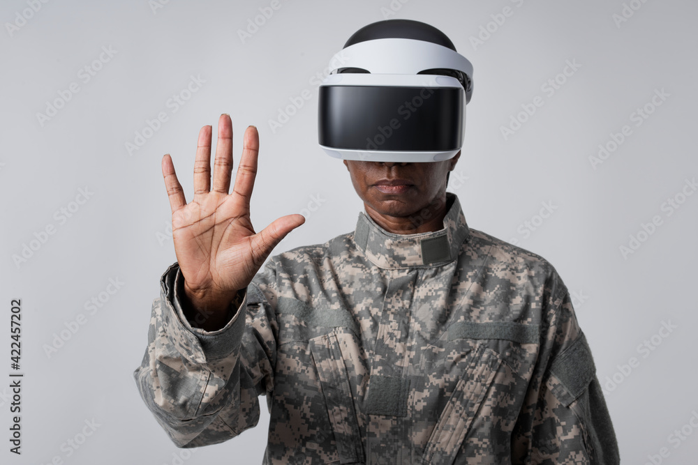 Female soldier with VR headset military technology Female soldier with VR headset military technology