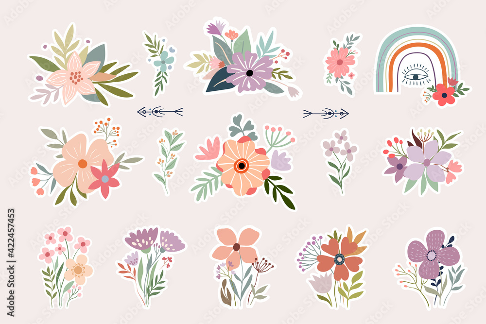 Floral stickers collection with decorative flowers arrangement and rainbow, boho design
