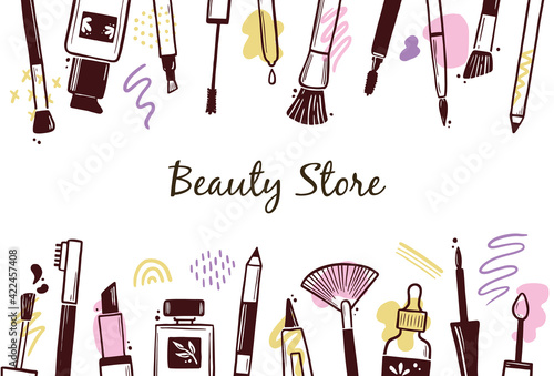 Hand drawn template with makeup beauty cosmetic elements, mascara, cream bottle, skin brush. Doodle sketch style. Illustration for makeup, beauty salon, cosmetic store banner, frame, poster design.