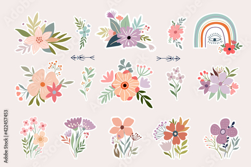 Floral stickers collection with decorative flowers arrangement and rainbow, boho design