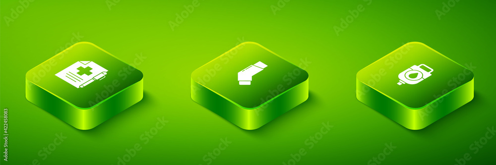 Obraz premium Set Isometric Inhaler, IV bag and Medical prescription and pen icon. Vector