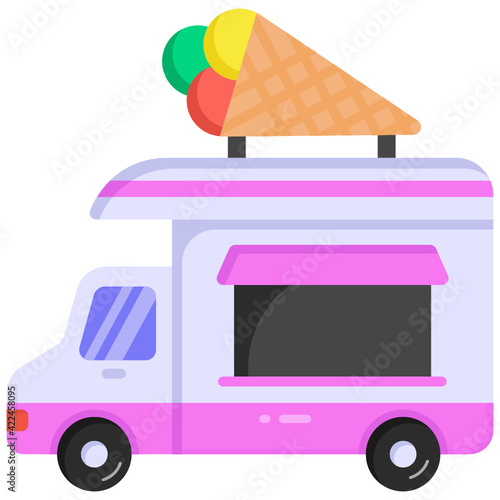 
Cone on vehicle denoting flat icon of ice cream van 


